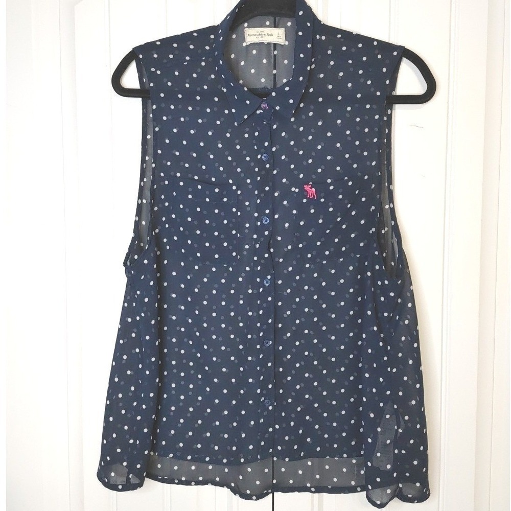 Abercrombie & Fitch Sheer Sleeveless Sz L Navy White Polka Dots Pink Logo
